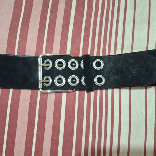 Wide black suede belt with double buckle