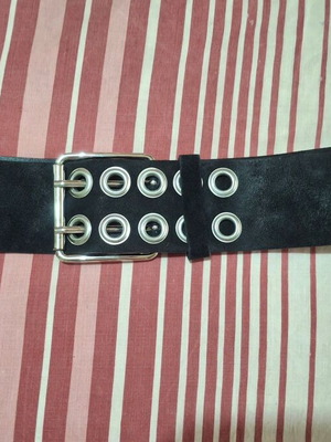 Wide black suede belt with double buckle