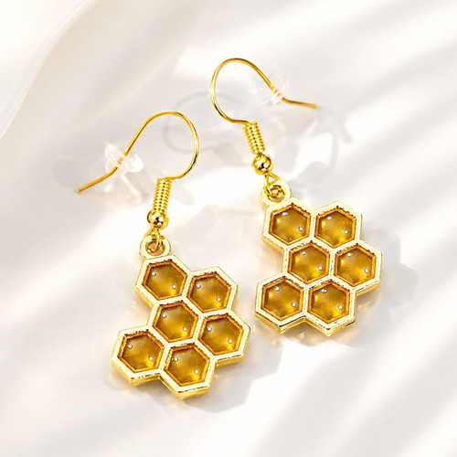 Handmade Golden Honeycomb Earrings with Honey Effect