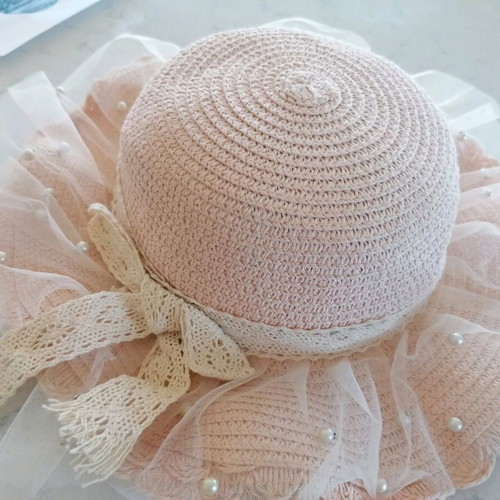 Hat with lace, bow and tulle like new, beige and pink