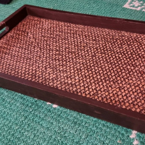 Handmade serving tray used with rattan and wood