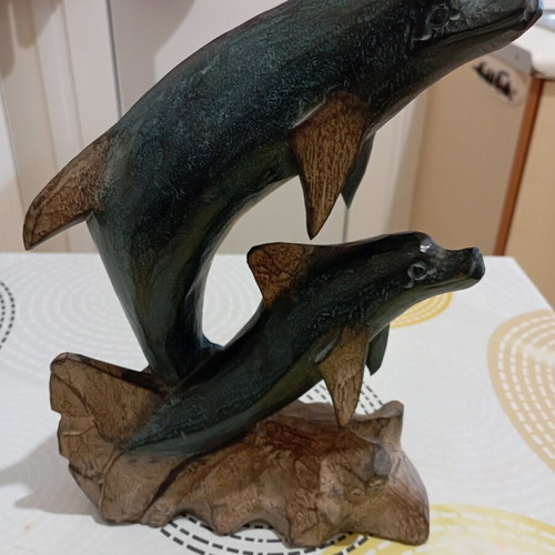 Decorative wooden sculpture of 2 dolphins, dark finish