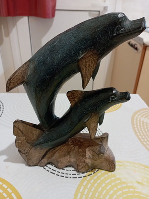 Decorative wooden sculpture of 2 dolphins, dark finish