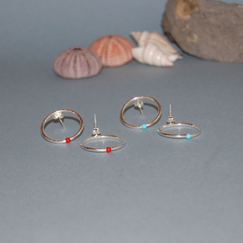 Silver earrings hoops with turquoise and coral stones, new