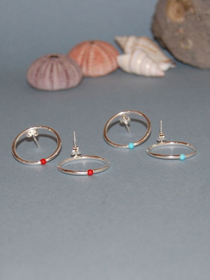 Silver earrings hoops with turquoise and coral stones, new