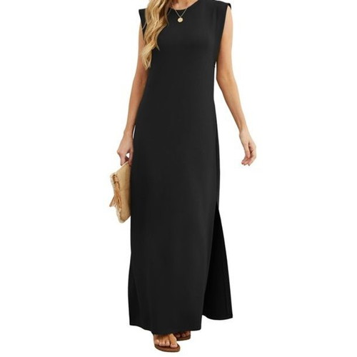 GRECERELLE women's long summer dress with pockets and slit, black, size L