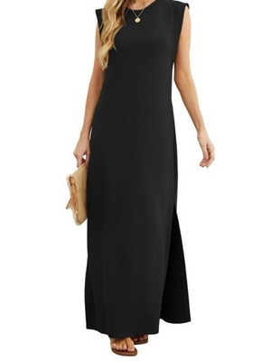 GRECERELLE women's long summer dress with pockets and slit, black, size L