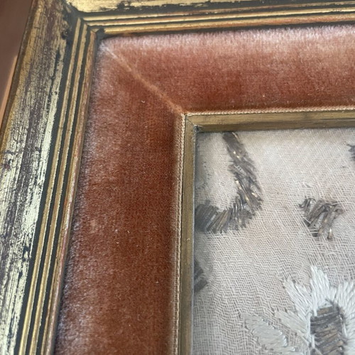 Silk handmade embroidery in aged gold and velvet frame