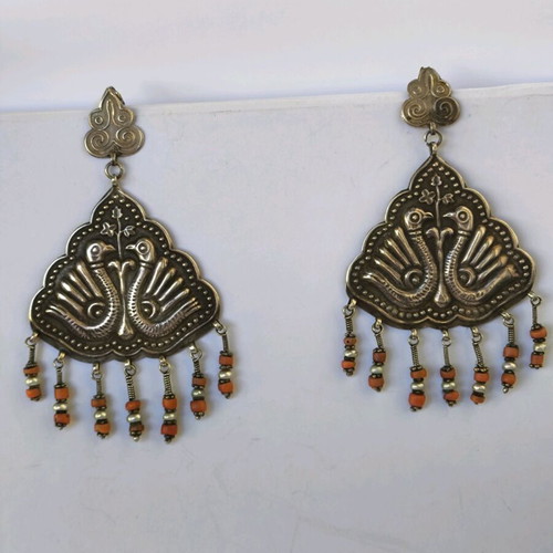 Large ethnik handmade silver earrings with coral and pearl like new