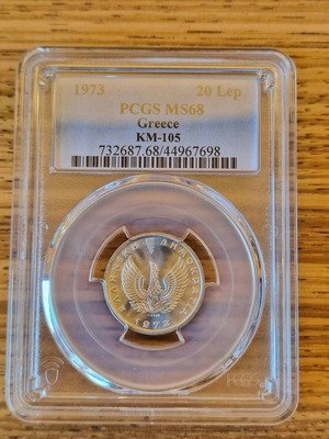 Certified Olive Branch Coin 20 Lepta 1973 PCGS MS68 like new