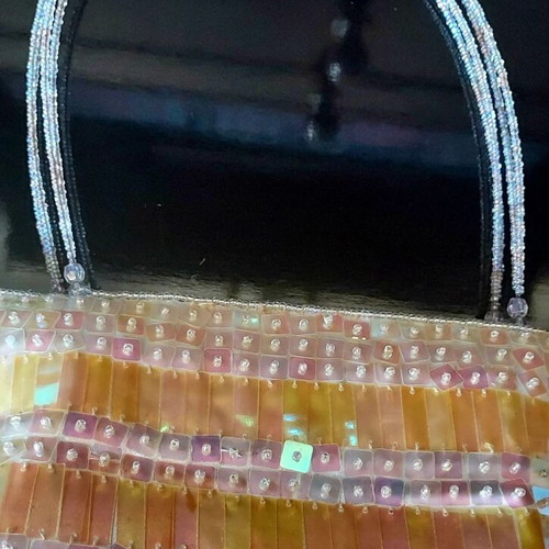 Evening bag used, shoulder type with beaded embroidery in white and gold