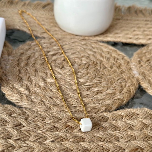 Steel necklace with white cube new