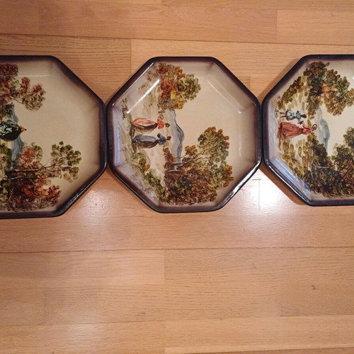 Decorative octagonal plates handmade painted, set of 3 new, 26cm
