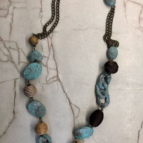 Boho necklace statement wood brown turquoise like new