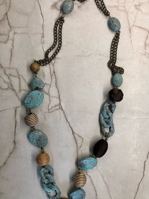 Boho necklace statement wood brown turquoise like new