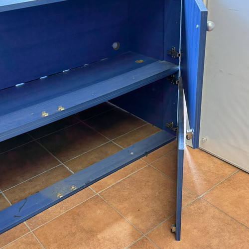 Display counter with storage cabinets used, blue MDF wood