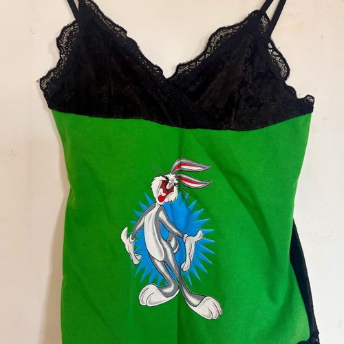 Y2K Bugs Bunny top with velvet and lace, Baby Vibes like new, green