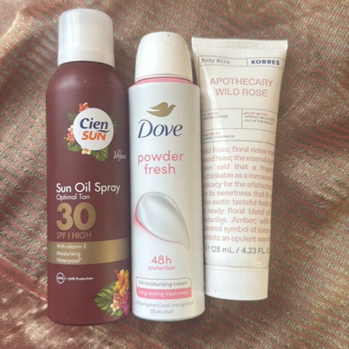 Tan Oil Spray SPF 30, Dove Powder Fresh Deodorant, Korres Apothecary Wild Rose