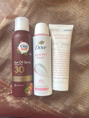 Tan Oil Spray SPF 30, Dove Powder Fresh Deodorant, Korres Apothecary Wild Rose