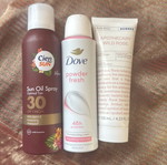 Tan Oil Spray SPF 30, Dove Powder Fresh Deodorant, Korres Apothecary Wild Rose