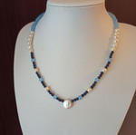 Handmade necklace with pearls, nephrite and lapis lazuli, new