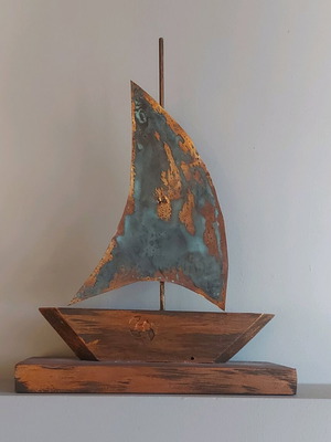 Wooden sailboat new, handmade with copper for decoration
