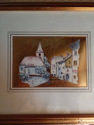 Vintage decorative print on gold foil, framed