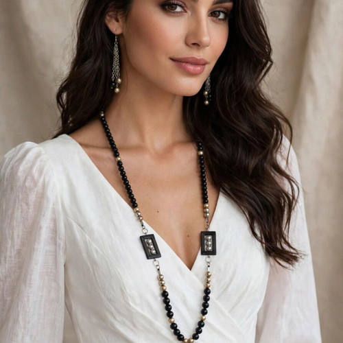 Handmade black beaded long necklace and earrings set