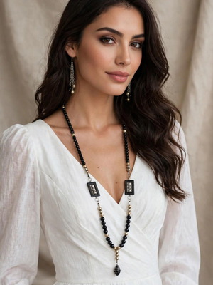 Handmade black beaded long necklace and earrings set