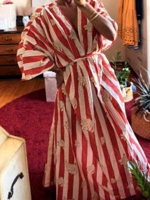 Karavan kimono style maxi dress with stripes and banana print, one size