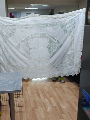Vintage handmade knitted tablecloth used, large white