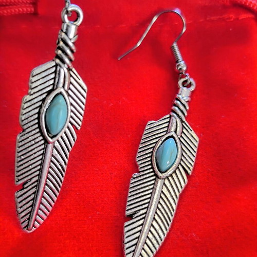 Boho Feather Earrings with Turquoise Stone new