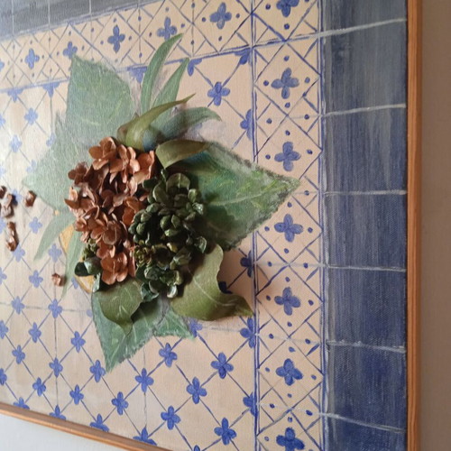 3D painting on canvas with acrylics and embossed pinecone flowers, 50x50 cm