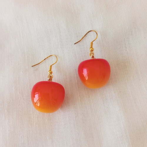 Cherry dangle earrings new, acrylic resin, orange and gold