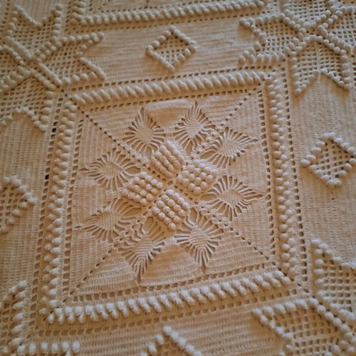 Handmade double bed blanket with two pillowcases, white crochet