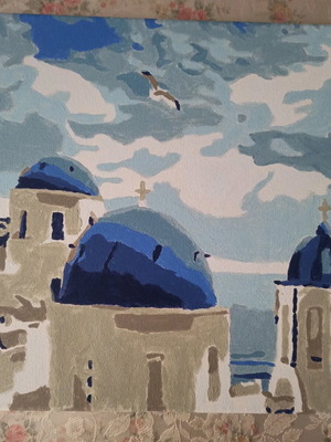 Handmade painting new with paint-by-numbers technique, Santorini landscape