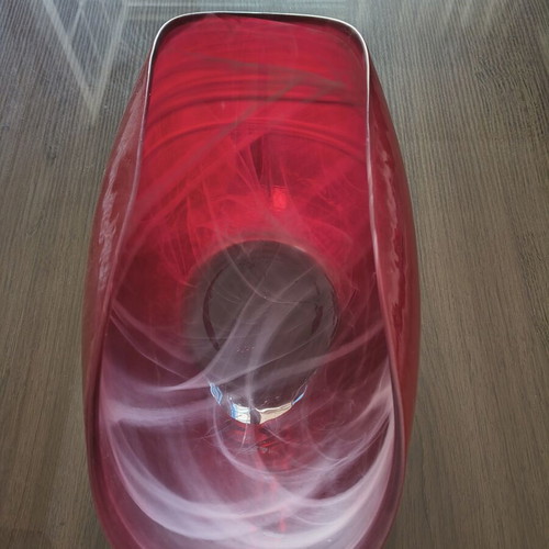 Handmade glass bowl like new with red and white swirl design