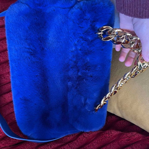 Alex Max blue faux fur shoulder bag new with gold chain