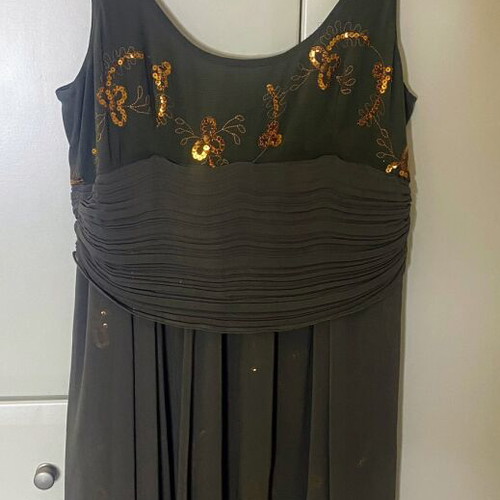 Depolo khaki short dress with sequins and ruching, size 48