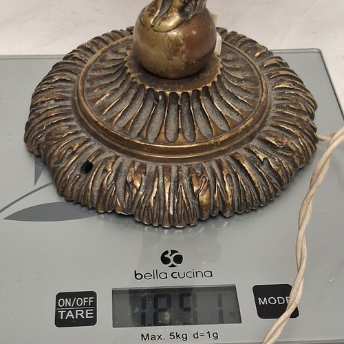 Art Nouveau table lamp with winged female figure and artistic glass shade