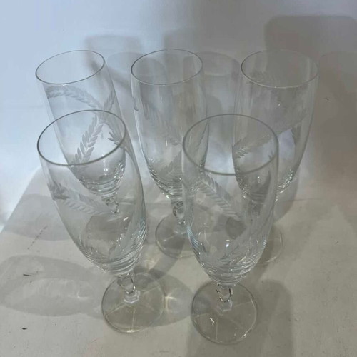 Champagne glasses set of 5 used with engraved leaf design