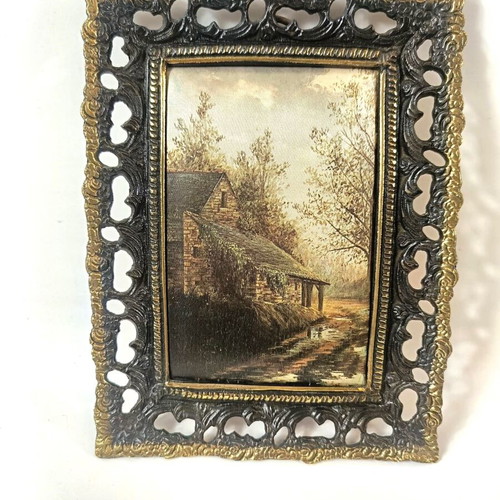 Vintage wall art silk screen on fabric with embossed bronze frame