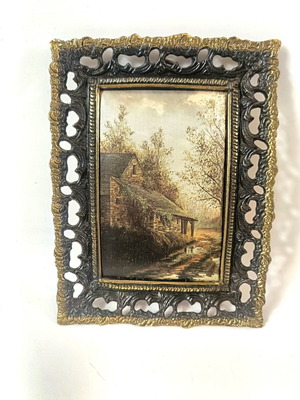 Vintage wall art silk screen on fabric with embossed bronze frame