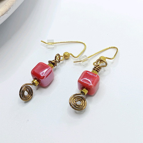 Vintage earrings with red ceramic beads and hematite, new