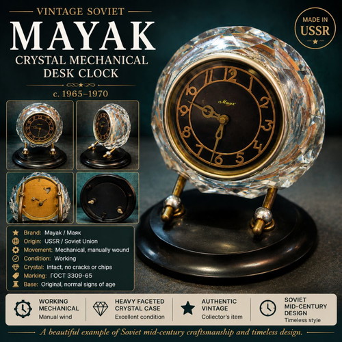 Mayak Crystal Mechanical Desk Clock, Soviet Vintage 1965–1970