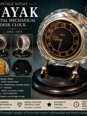 Mayak Crystal Mechanical Desk Clock, Soviet Vintage 1965–1970