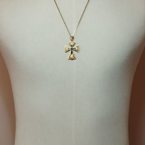 Handmade 14K Yellow Gold Orthodox Cross with Certified Tsavorite Garnet, New