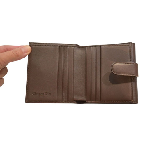 Christian Dior vintage brown leather wallet with gold clasp and pouch