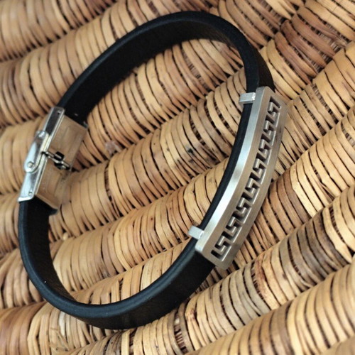 Men's leather bracelet with stainless steel meander new with tags
