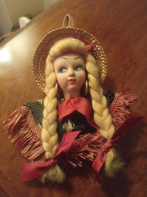 Vintage 1960 wall decoration used with doll and straw hat